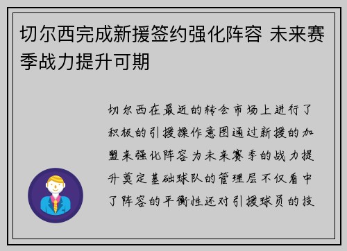 切尔西完成新援签约强化阵容 未来赛季战力提升可期 切尔西完成新援签约强化阵容 未来赛季战力提升可期
