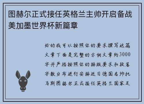 图赫尔正式接任英格兰主帅开启备战美加墨世界杯新篇章 图赫尔正式接任英格兰主帅开启备战美加墨世界杯新篇章